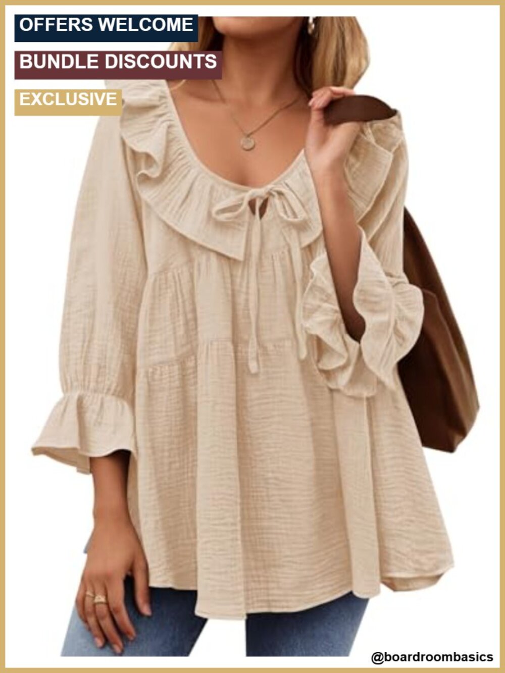 Boho Ruffle Tie Front Tunic Blouse 3/4 Puff Sleeve Loose Fit Top